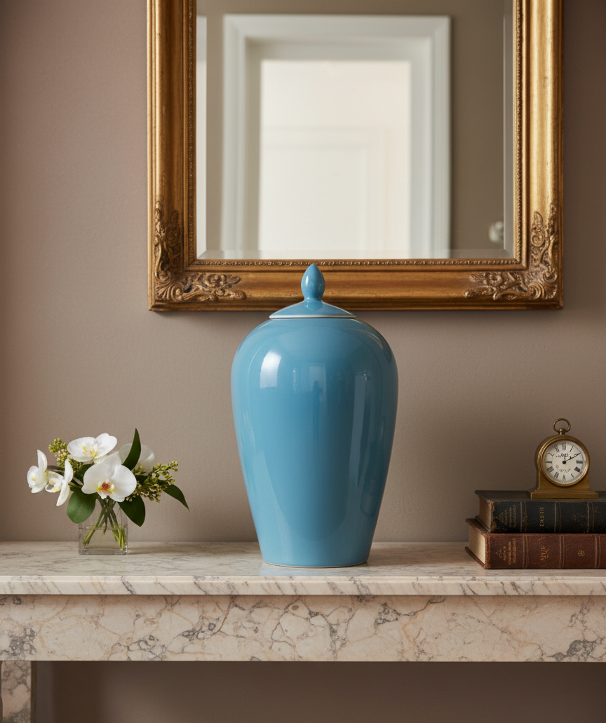 Rød krukke med spisst lokk