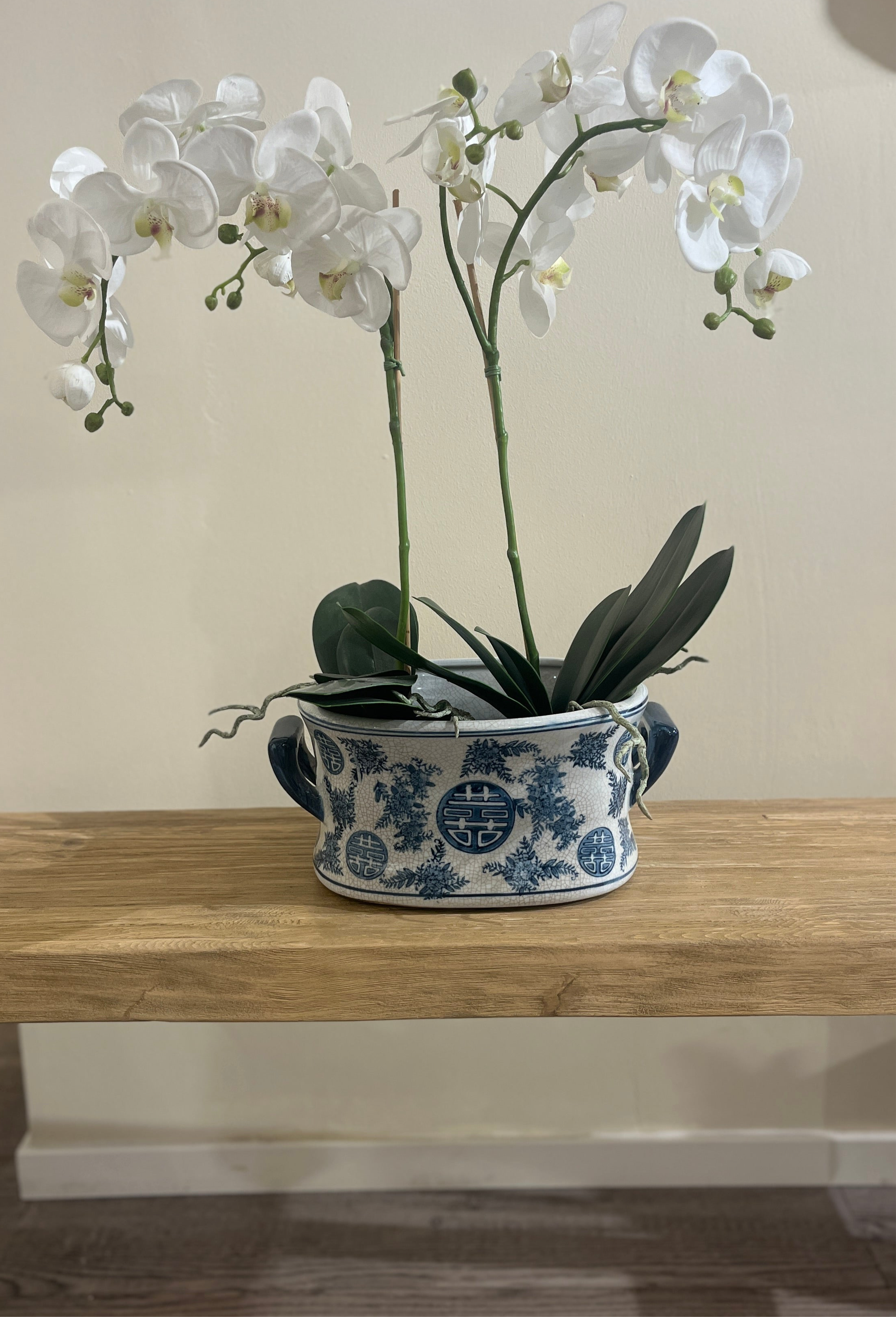 Hvit og blå kinesisk jardinière blomsterpotte