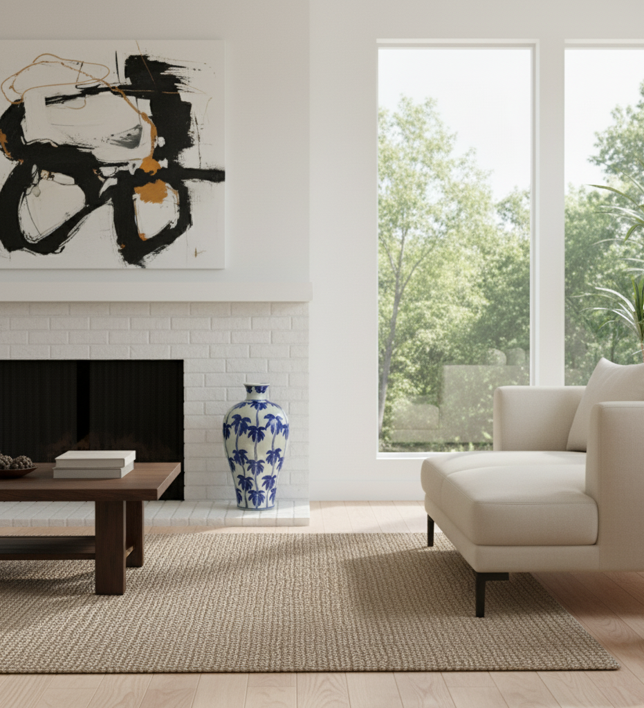 Hvit vase med blå palmer