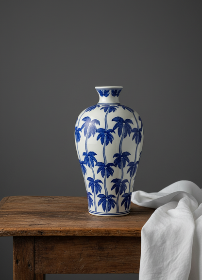 Hvit vase med blå palmer