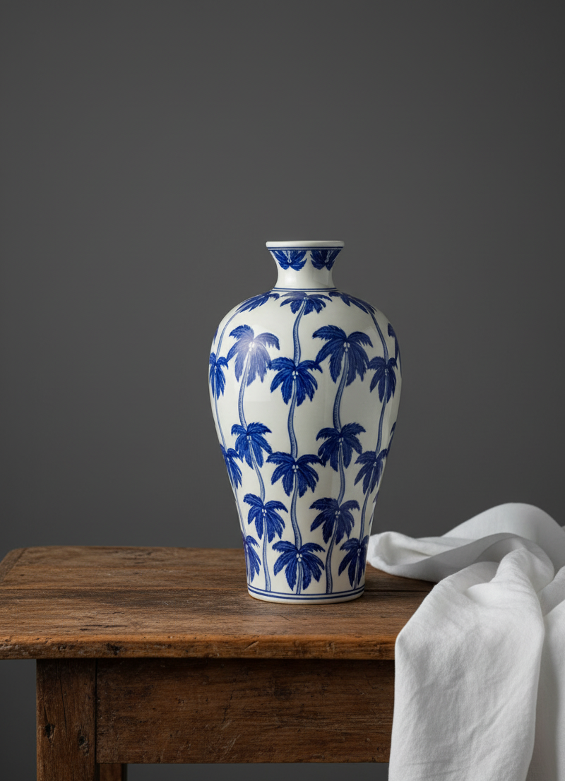 Hvit vase med blå palmer