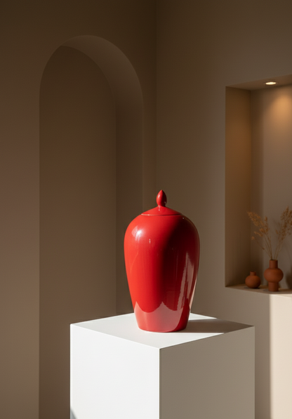 Rød krukke med spisst lokk