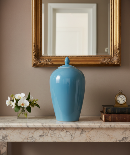 Rød krukke med spisst lokk