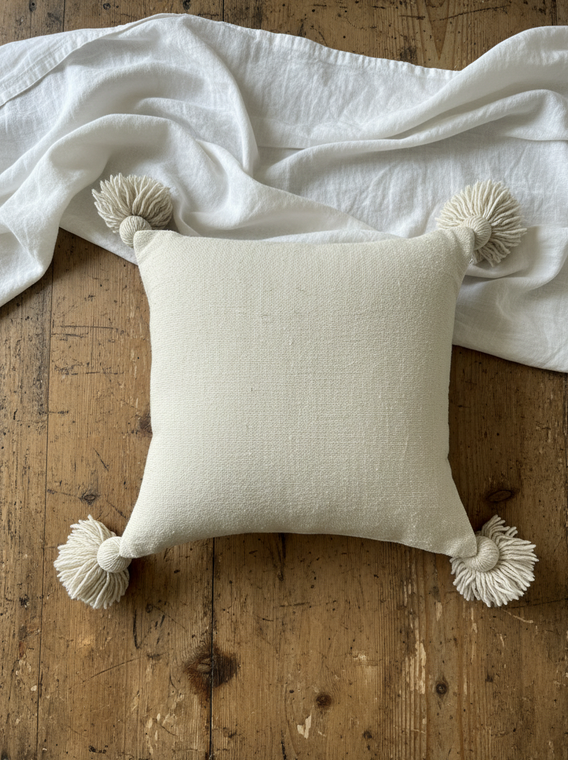 Beige putetrekk med dusker