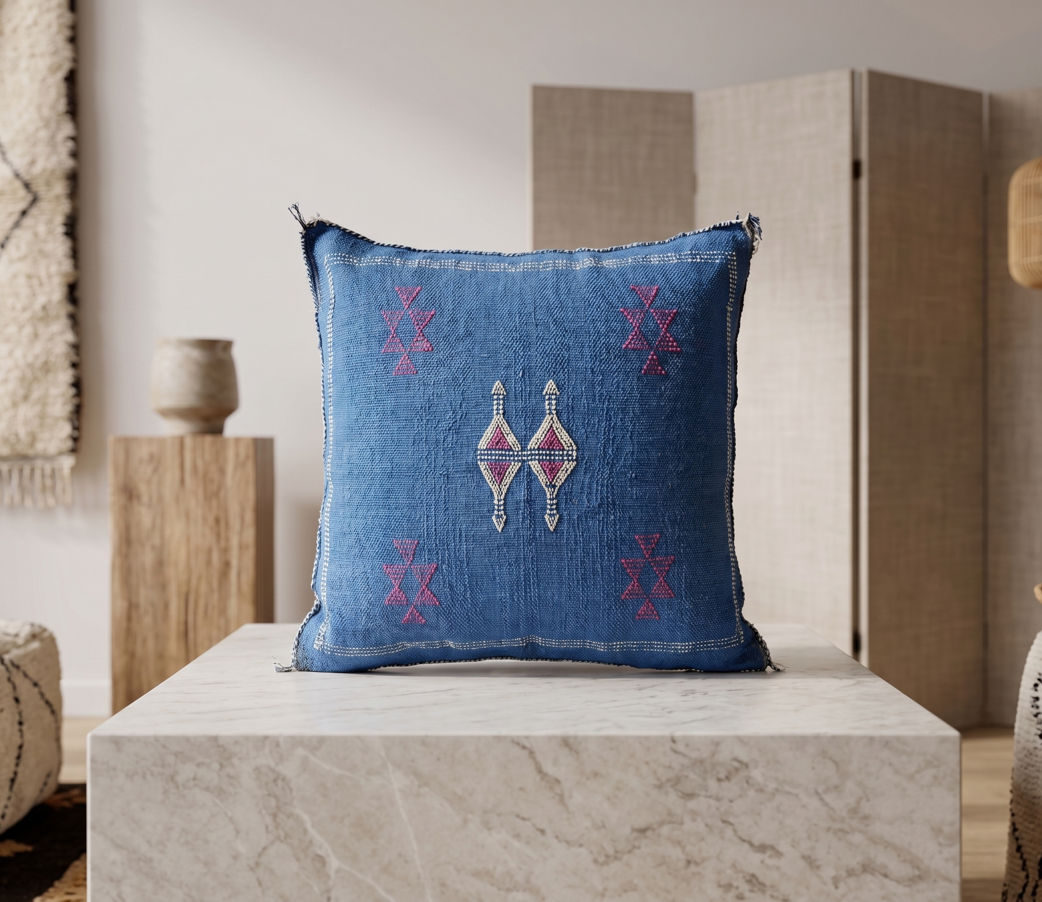 Putetrekk - Blå Kelim med Rosa