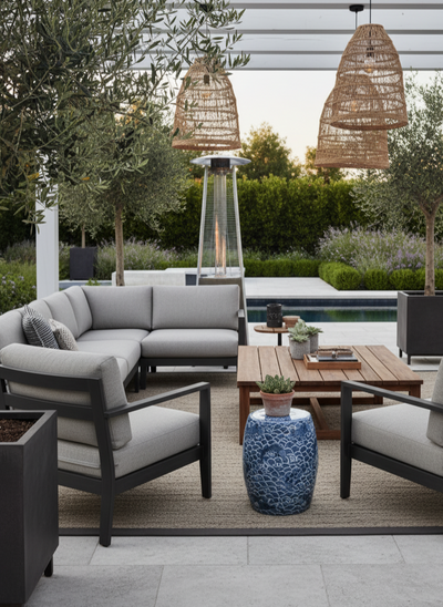 Garden Stool i blå med hvit mønster