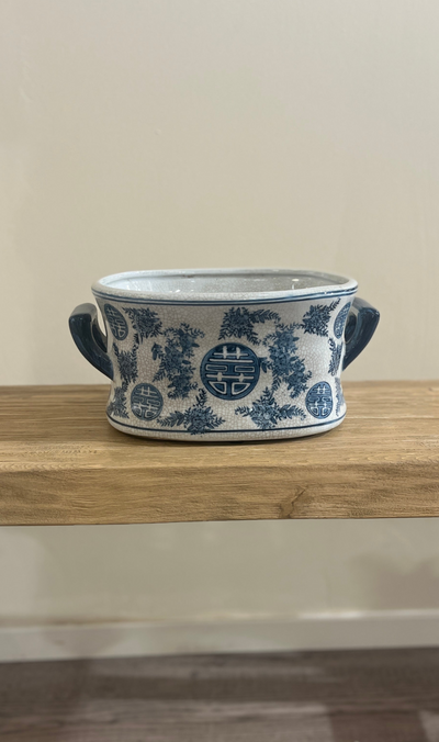 Hvit og blå kinesisk jardinière blomsterpotte