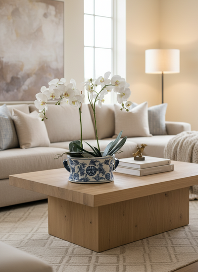 Hvit og blå kinesisk jardinière blomsterpotte