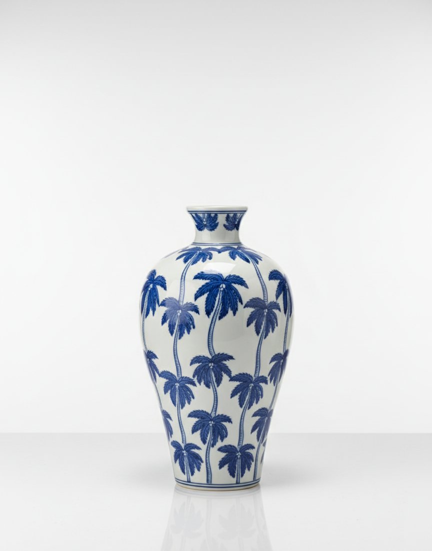 Hvit vase med blå palmer